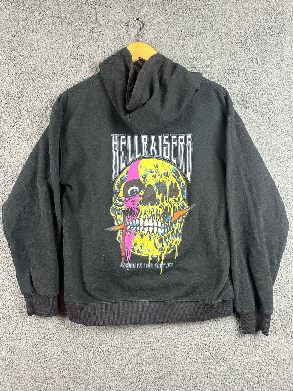 As holes Live Forever Hellraisers Hoodie Black Neon Skull Graphic Mens M Flaw